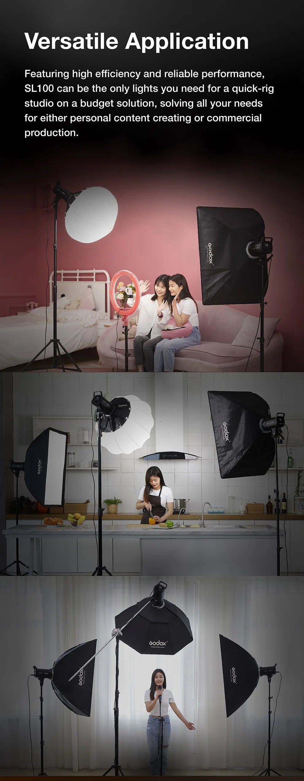 SL100 LED video lights on tripods with softboxes and reflectors for studio photography and content creation.