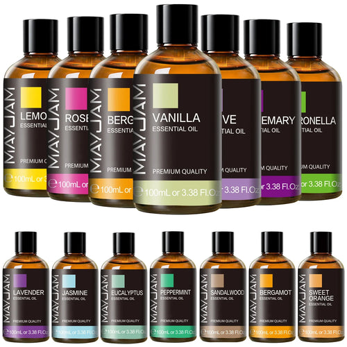Mayjam 100ml amber essential oil bottles with colorful labels for aromatherapy, wellness, and diffuser use.
