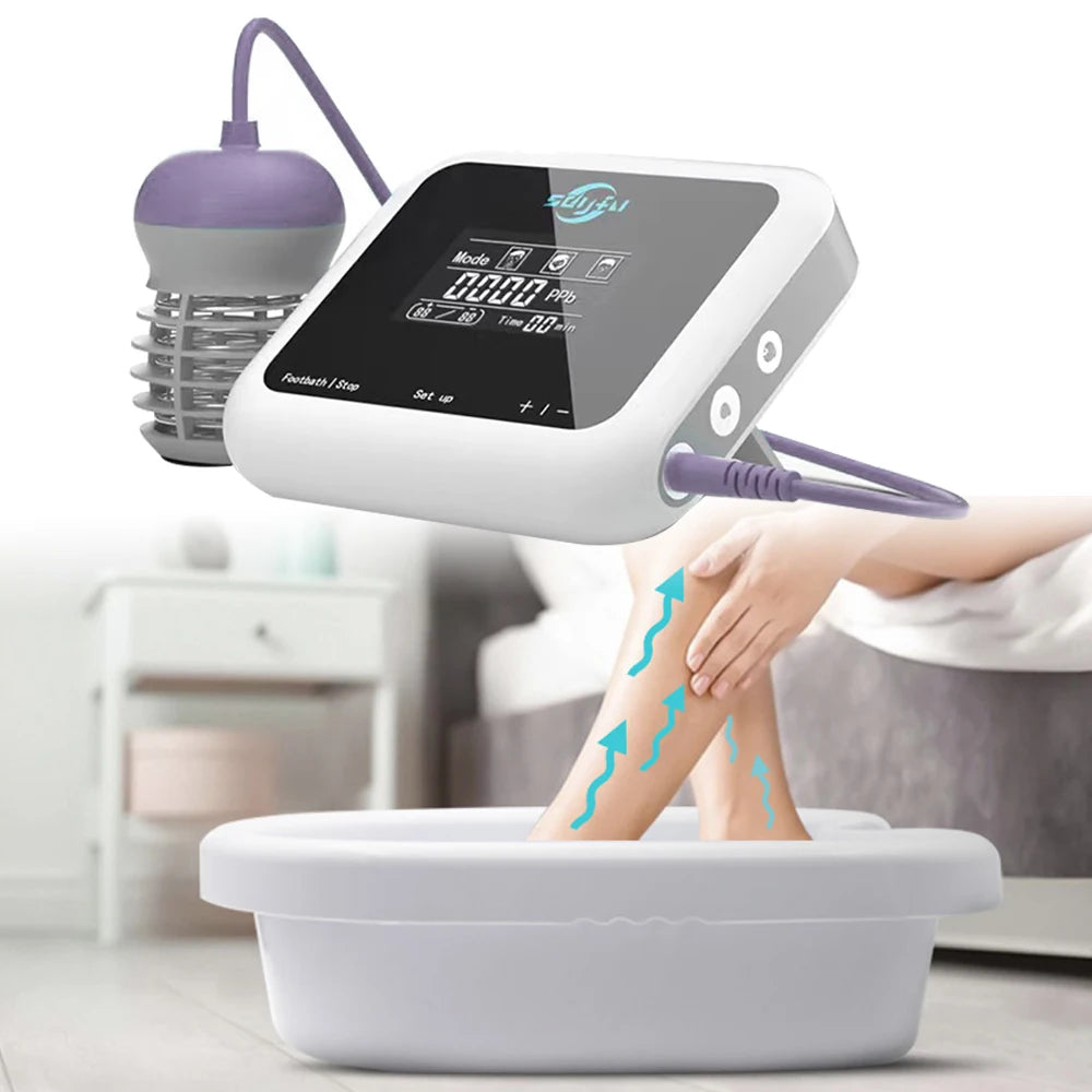 Ionic foot bath detox machine with touch display, ion cleanse array, and white spa basin for home health therapy.