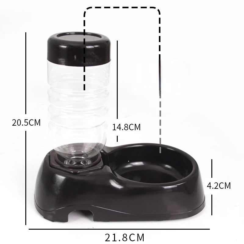 Automatic black plastic pet water dispenser bowl with transparent bottle for easy cat and dog hydration.