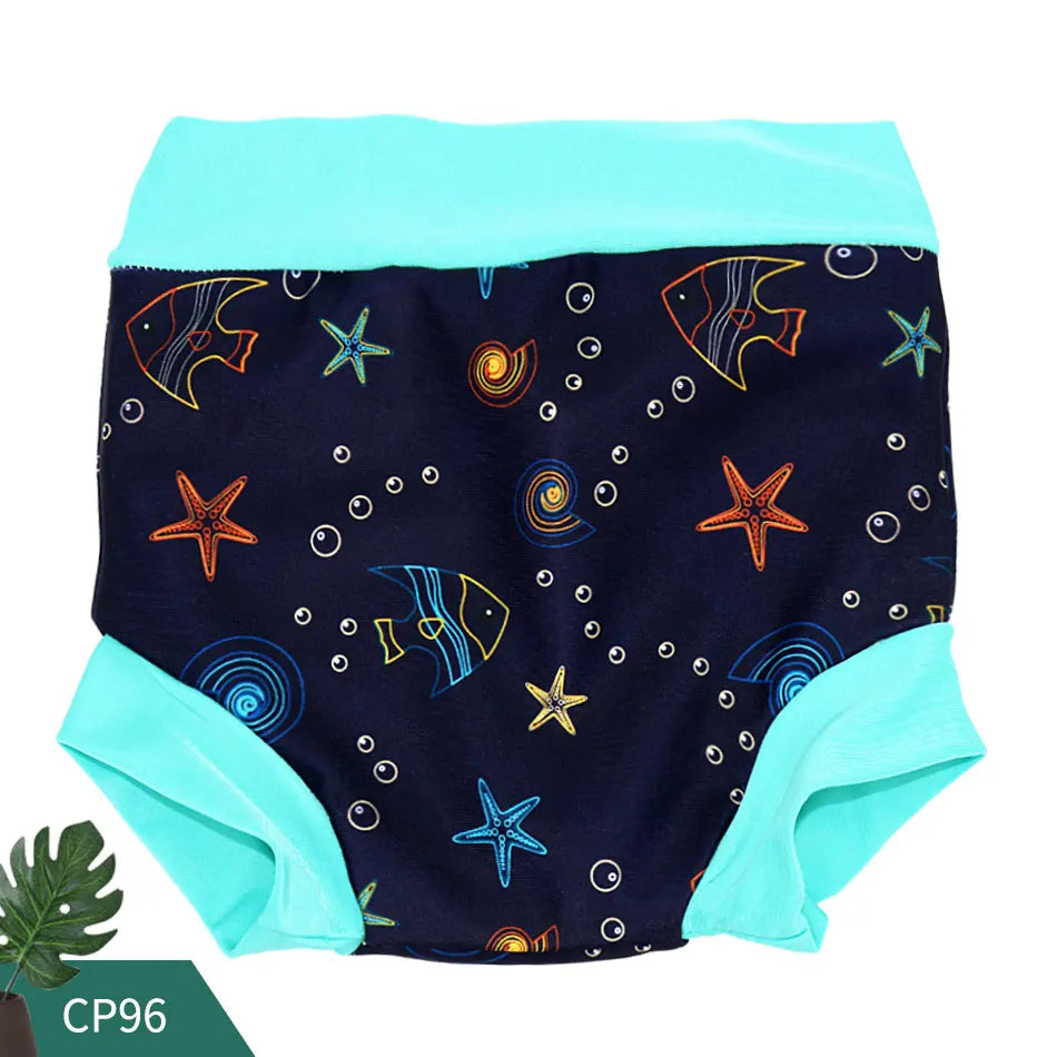 Baby swim diaper with blue fish and starfish print, featuring teal trim, size CP96. Essential baby care swimwear.