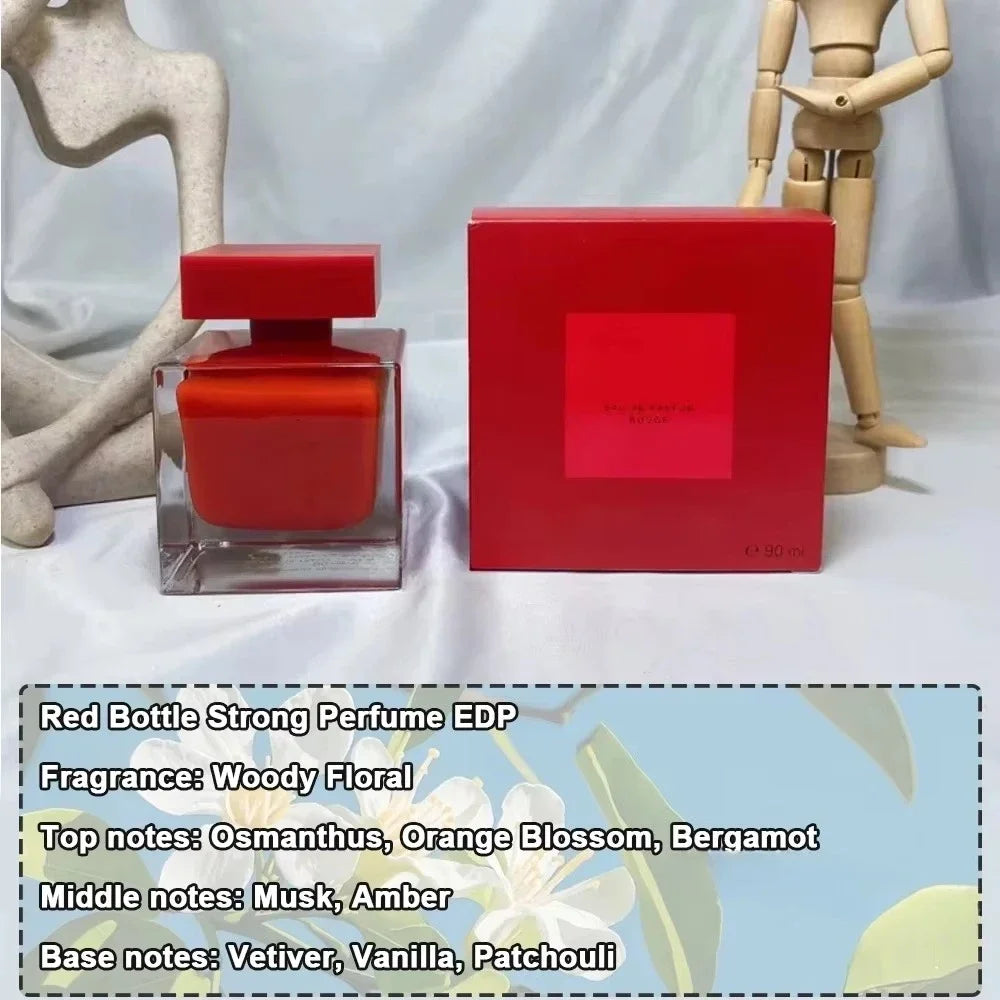 Women's woody floral EDP perfume, 90ml red glass square bottle, musk, orange blossom, and vanilla notes. Gift essential.