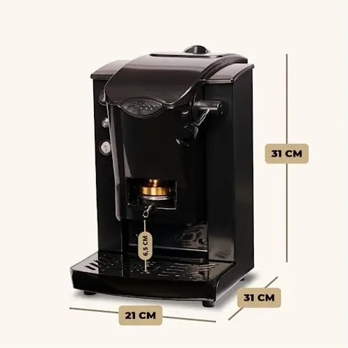 Black Artee coffee maker, 31cm tall, with brass accents and drip tray, showing precise dimensions for compact kitchen.