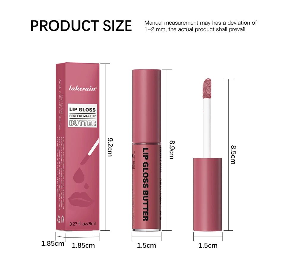 Lakerain non-stick butter lip gloss in pink tube with applicator, showing dimensions for long-lasting mirror finish glaze.