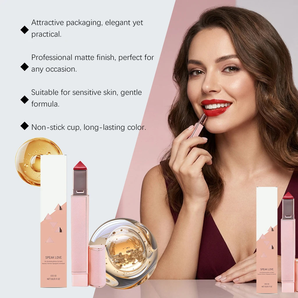 Glossy hydrating lip balm stick in elegant pink packaging, providing a plump, vibrant red finish for hydrated lips.