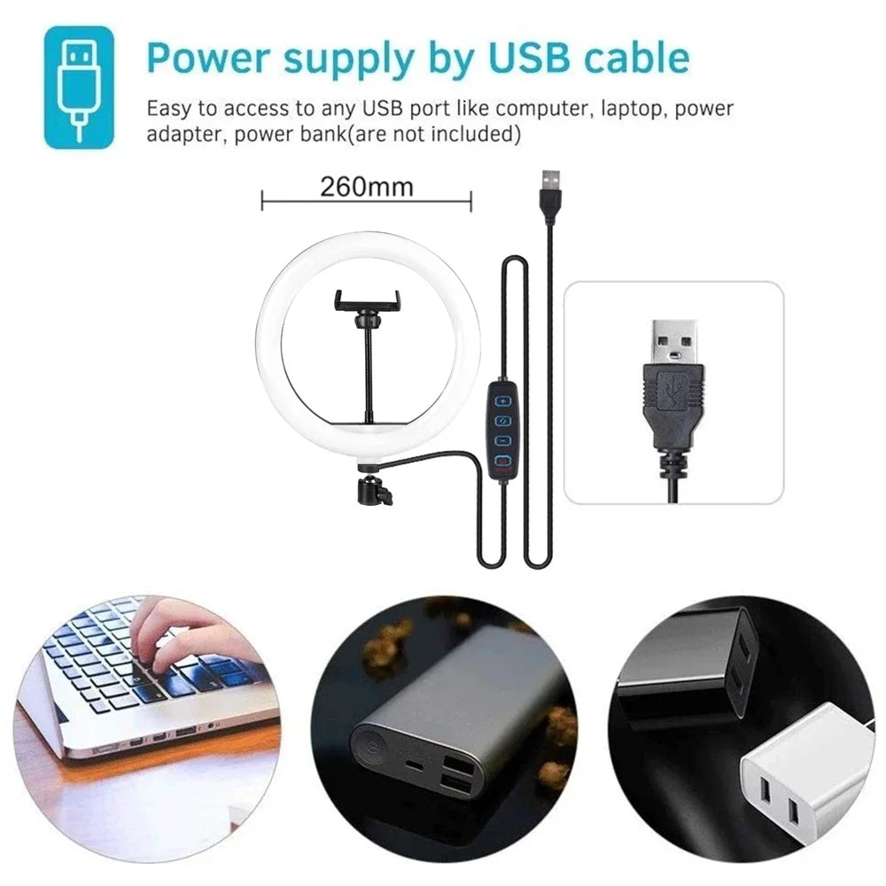 260mm circular LED ring light with a center phone mount and USB cable featuring a 4-button inline power controller.