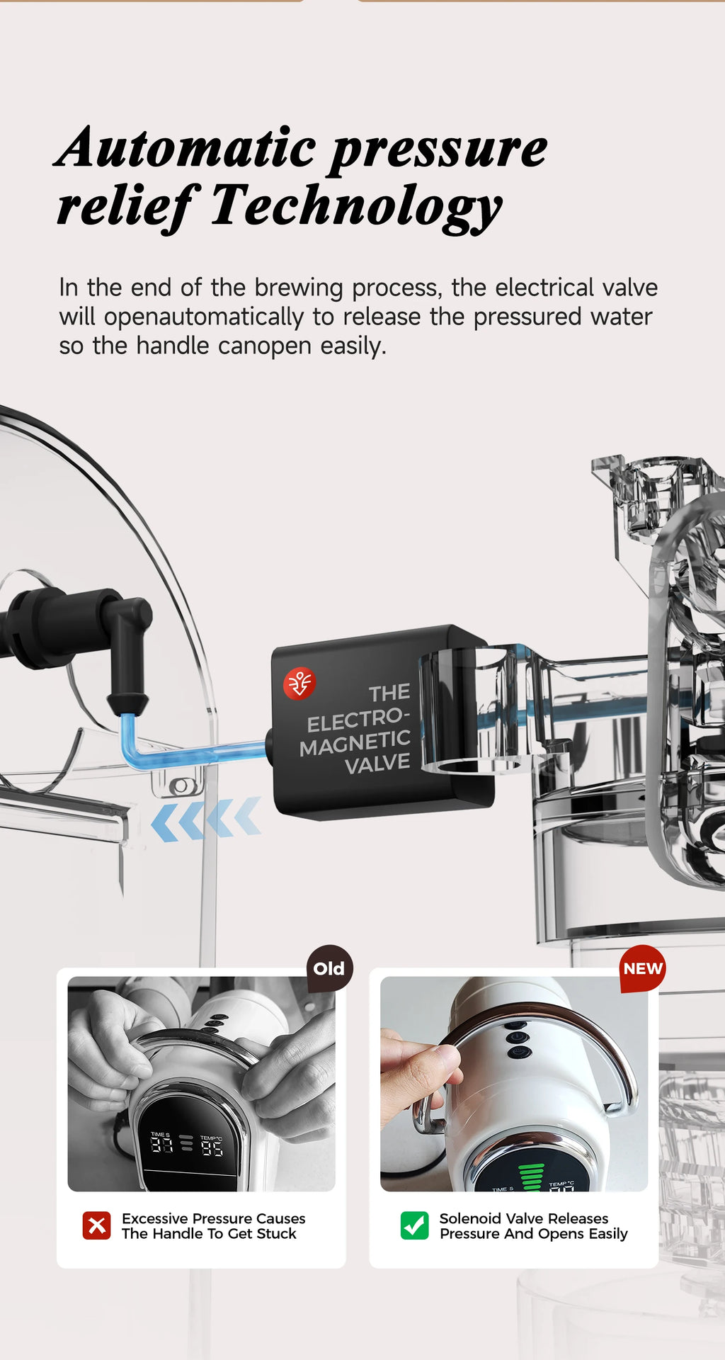 Black electromagnetic valve for coffee maker, showing automatic pressure relief tech for easy handle opening.