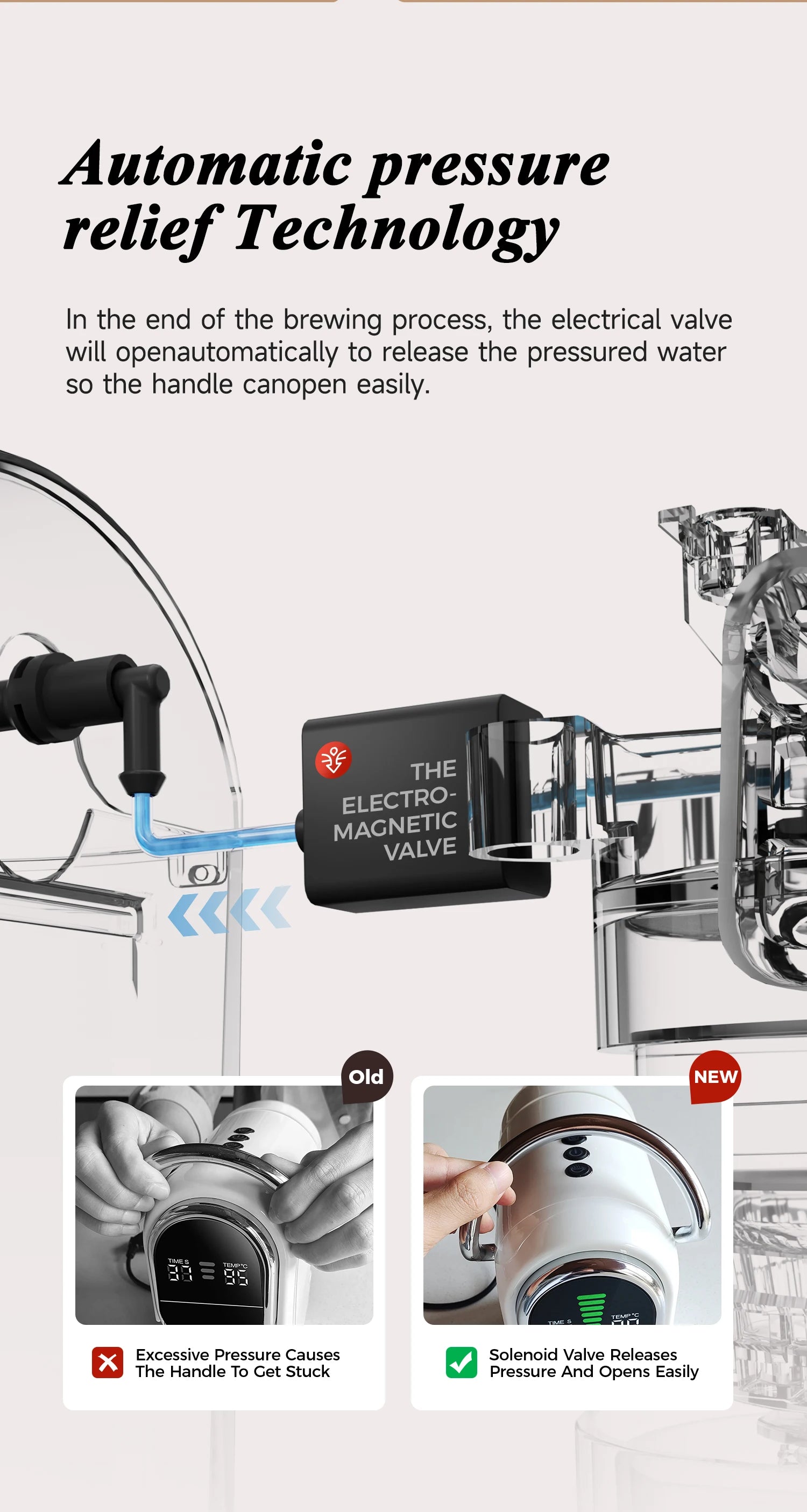 Black electromagnetic valve for coffee maker, showing automatic pressure relief tech for easy handle opening.