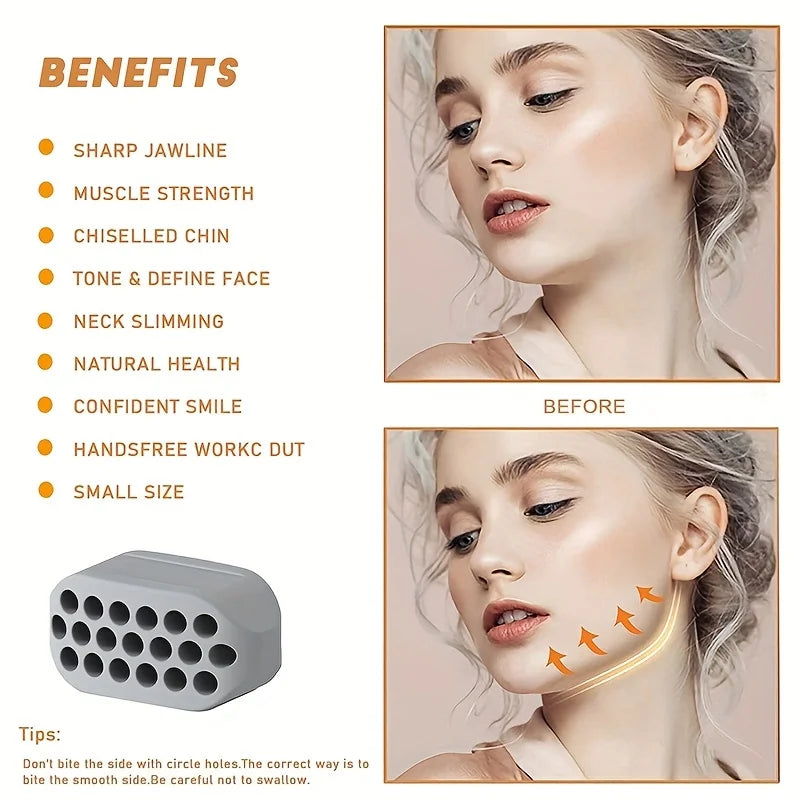 Small, grey, rectangular silicone jawline exerciser with circular holes for facial muscle toning and definition.