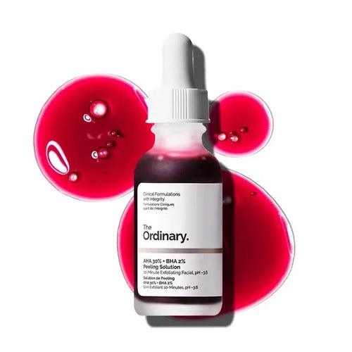 The Ordinary AHA 30% + BHA 2% peeling solution bottle with red blob background