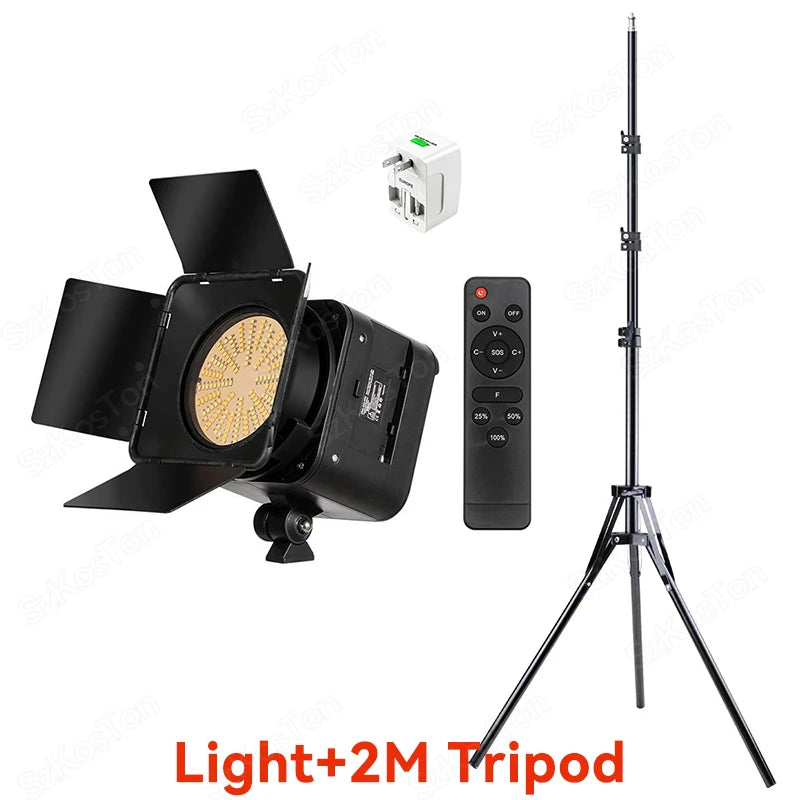 LED video light with barn doors, remote control, power adapter, and 2-meter tall tripod stand for studio photography.