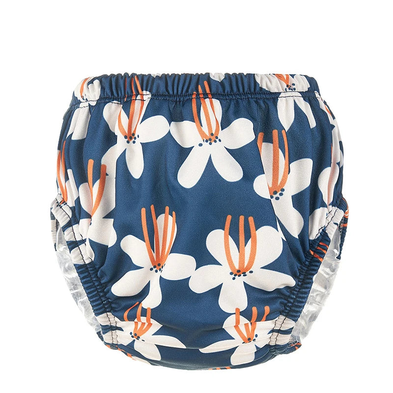 Blue floral print reusable baby swim diaper with elastic waistband for infants.