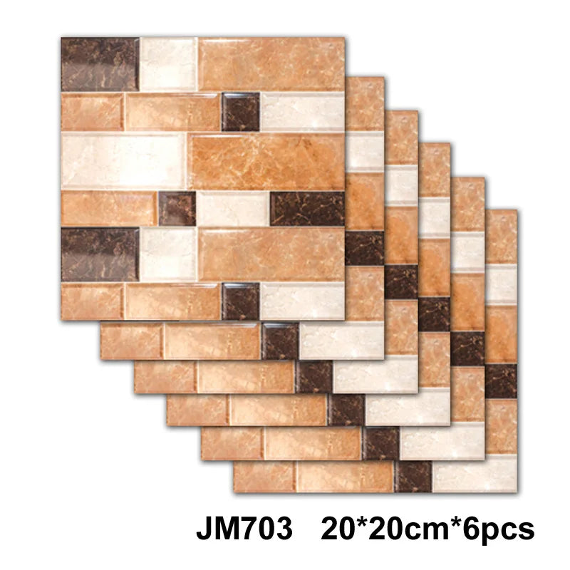Self-adhesive marble wall tile stickers, warm brown stone mosaic tiles, 6-piece set