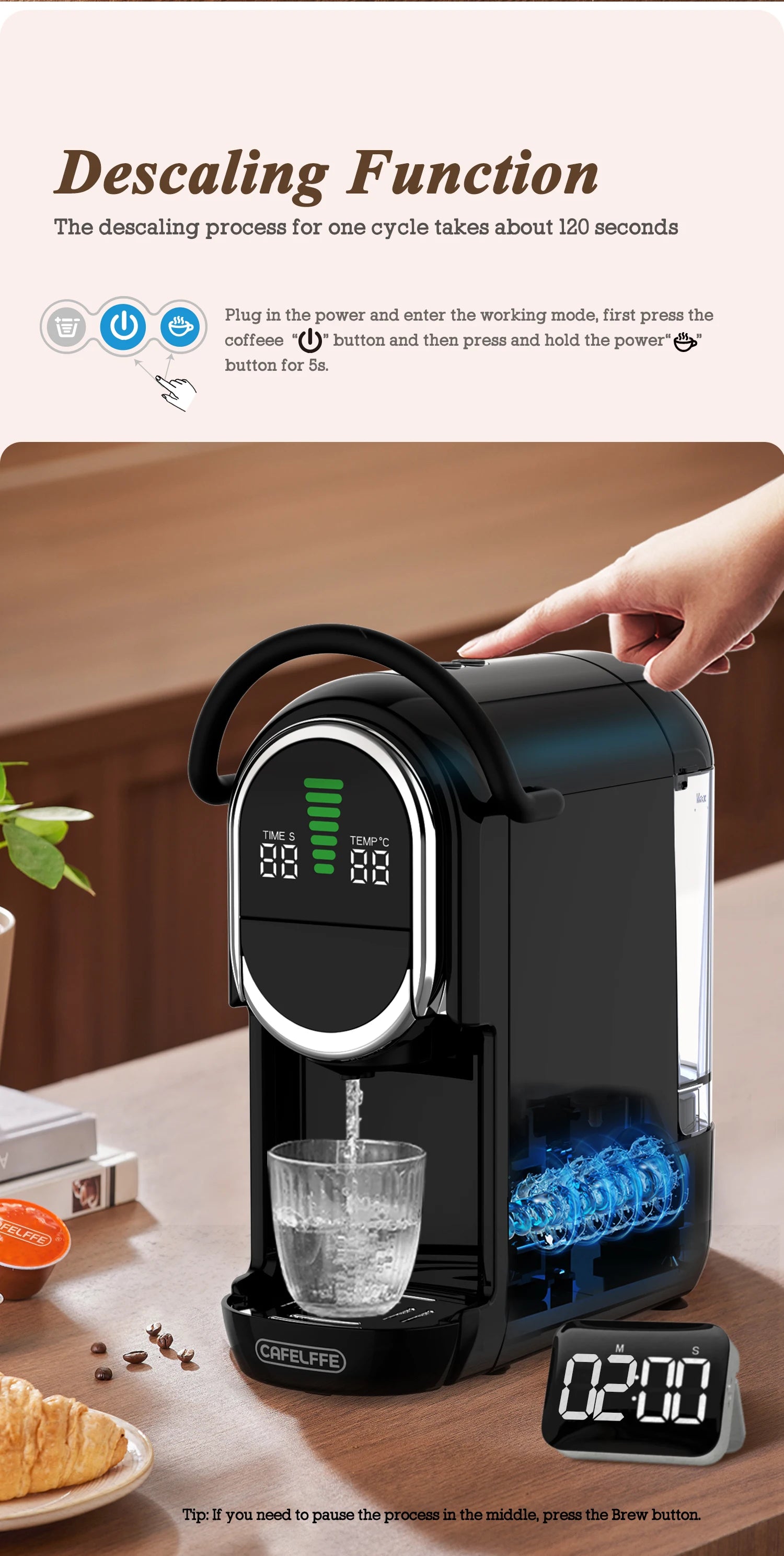 Cafelffe black compact coffee maker with digital display, water reservoir, and descaling cycle feature.