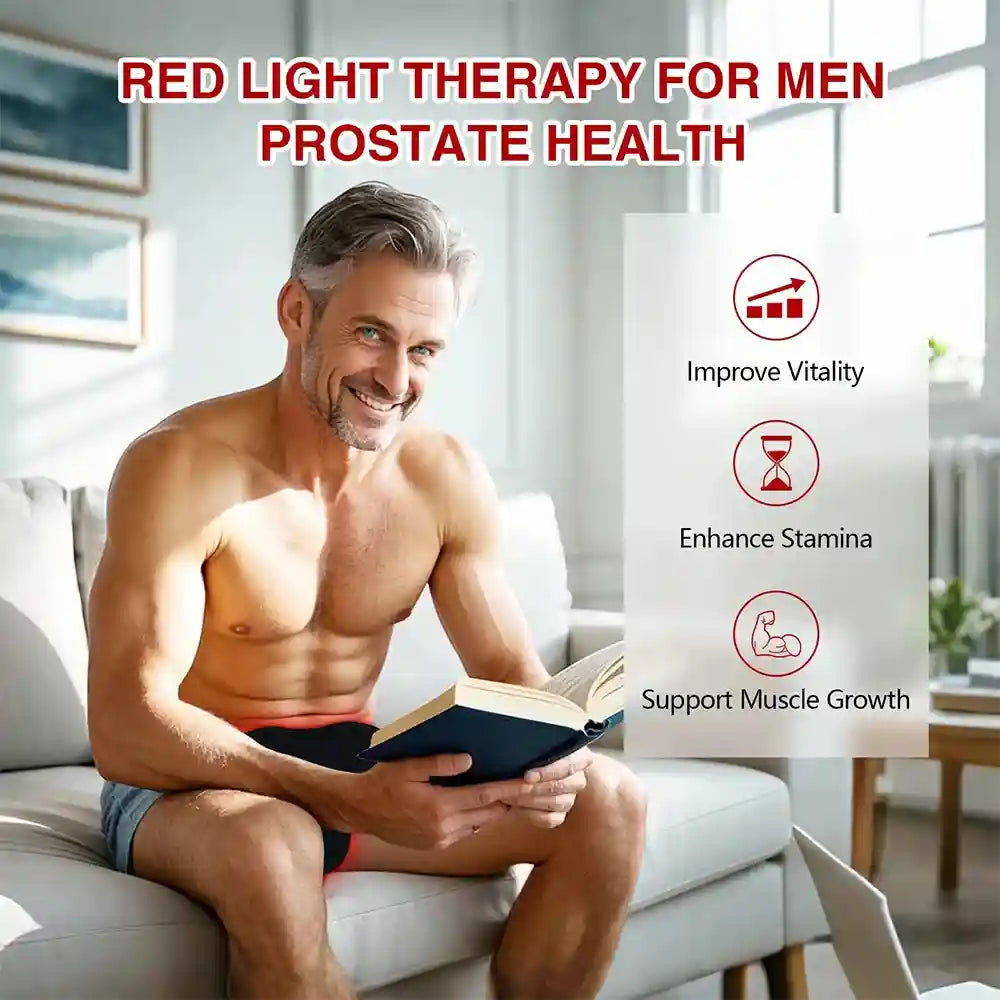 Man using 82 LED red light therapy wrap belt for prostate health, pain relief, and vitality while reading at home.