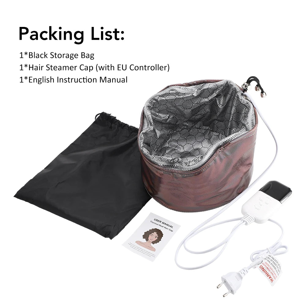 Brown thermal hair steamer cap with EU controller, storage bag, and manual for deep conditioning salon spa treatments.