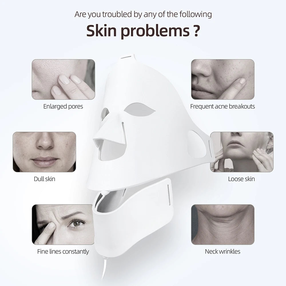White LED light therapy facial and neck mask for skin rejuvenation, surrounded by icons showing common skin concerns.