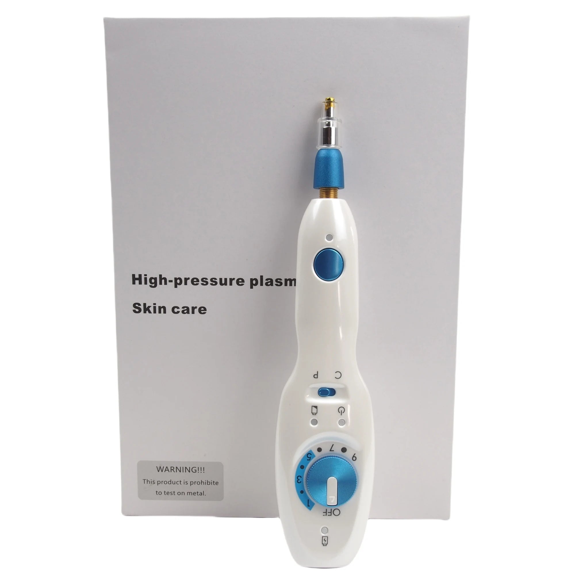 Plamax wireless fibroblast cold plasma pen for skin tightening, acne, and blemish removal with blue control dial.