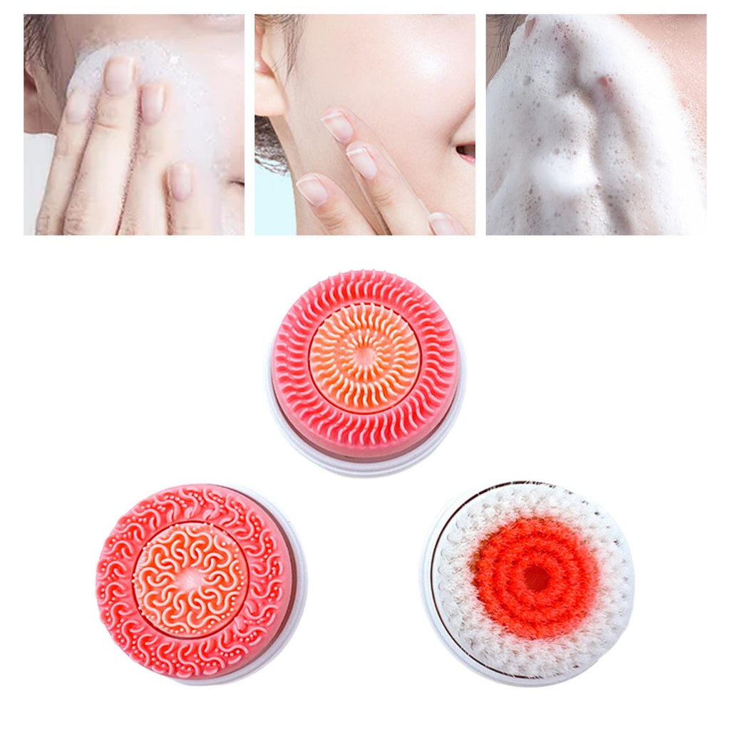 Three round facial cleansing brush heads with pink and orange silicone bristles and soft white nylon bristles.