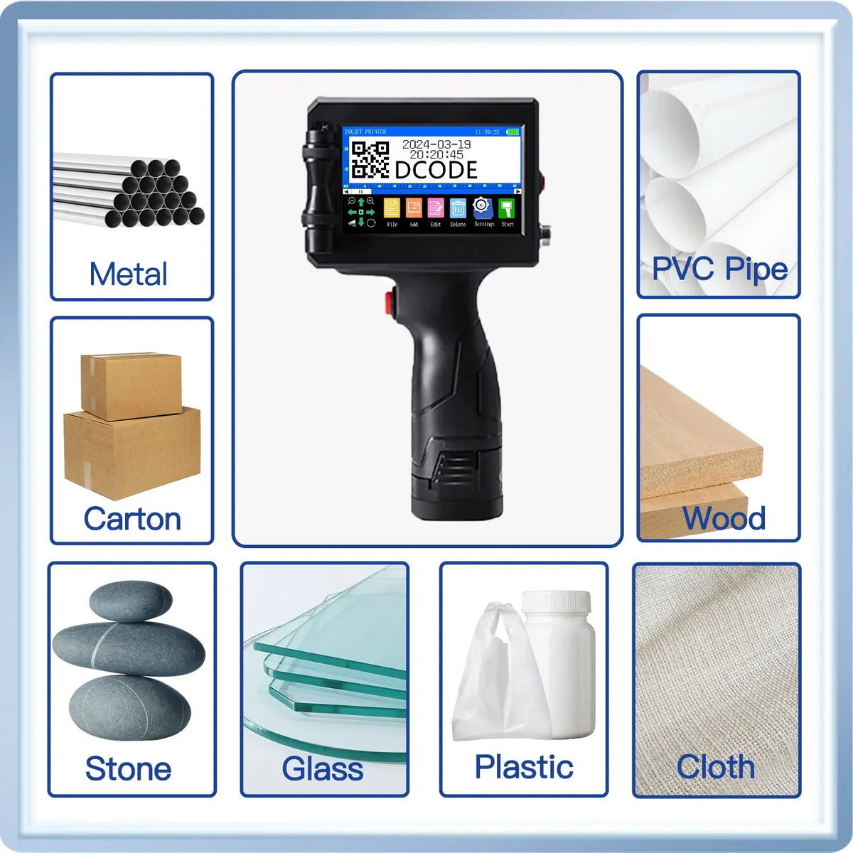Handheld inkjet printer with surface compatibility panel: metal, carton, PVC, wood, glass