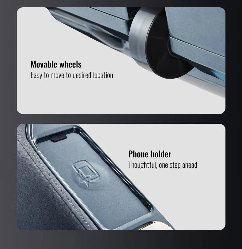 Close-up of a blue massage chair showing a sleek black caster wheel for mobility and a built-in phone holder slot.