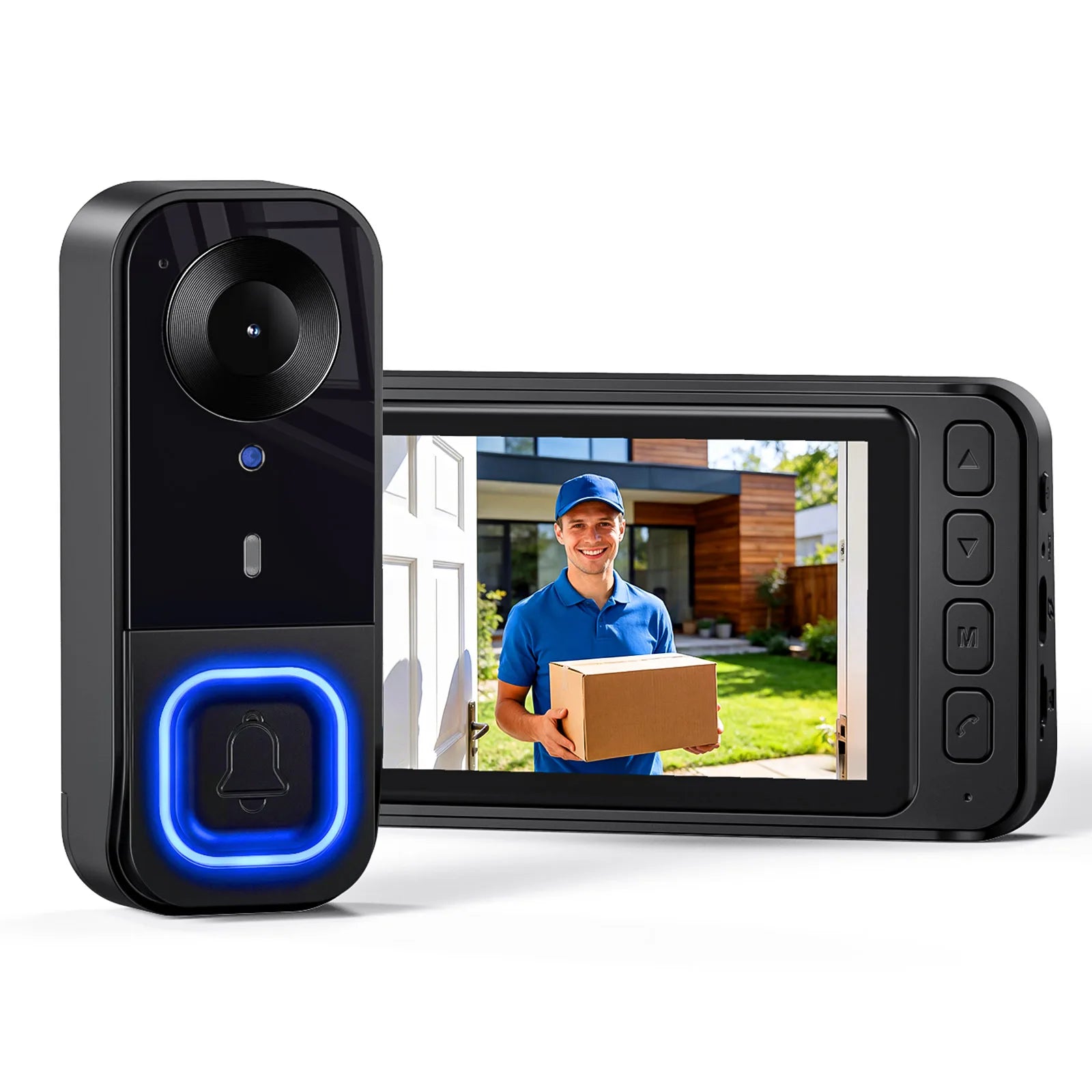 Video Doorbell HD Camera Night Vision No Monthly Fee Local Storage Up to 128GB Micro SD Card Two Way Talk IP66 Waterproof 300K Pixel Full Body View Local Screen Playback Desktop Stand Wall Bracket Day Night Protection for Hom