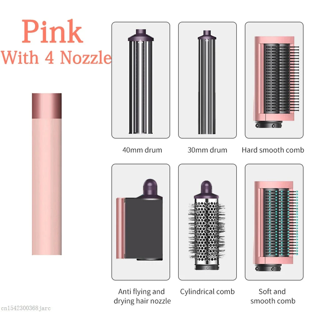 Pink SenCiciMen X9 hair styler set with 4 curling barrels, smoothing combs, and dryer nozzle for professional styling.