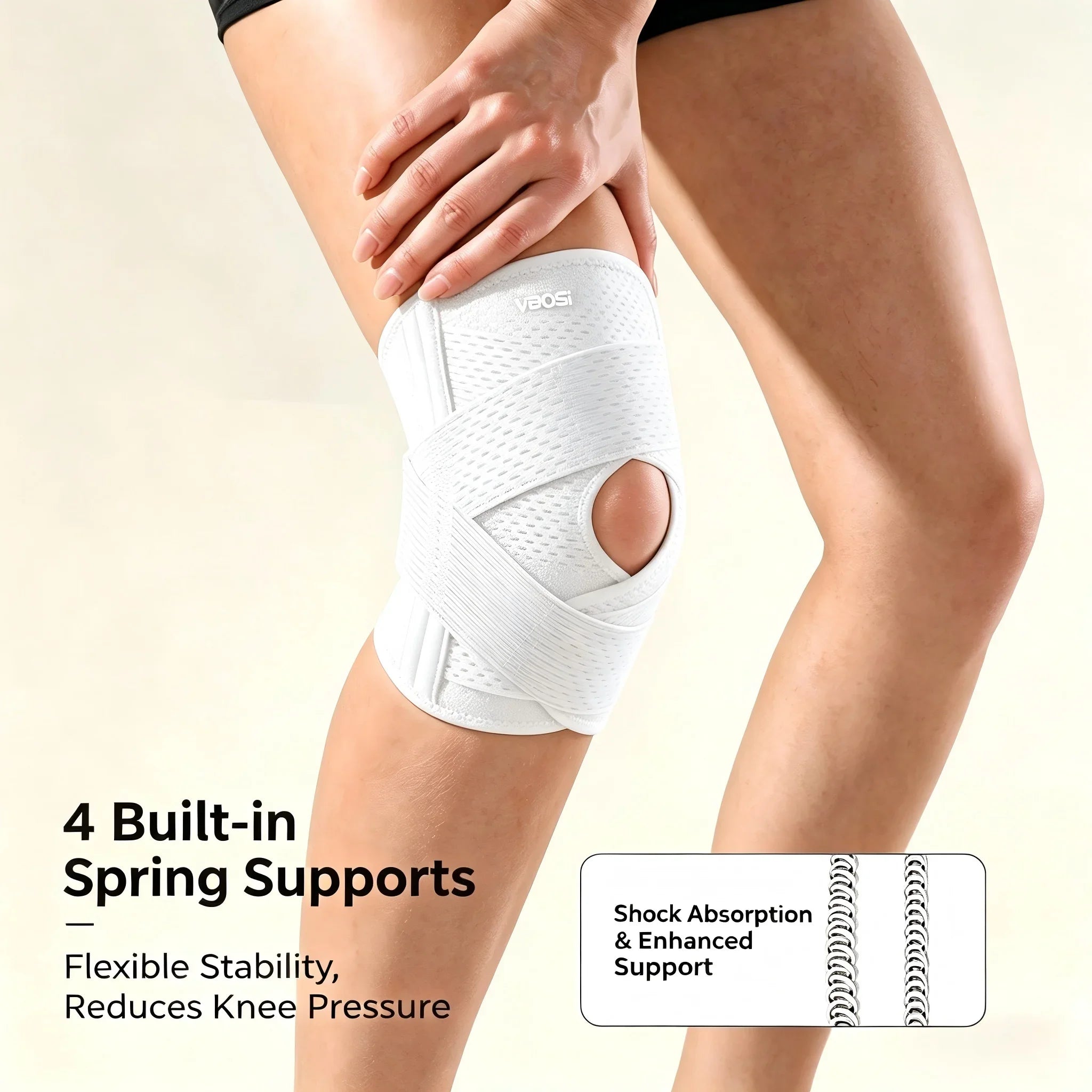 VBOSI Adjustable Breathable Knee Brace with Open Patella Compression Strap Sports Support for Running Gym Knee Pain Relief White