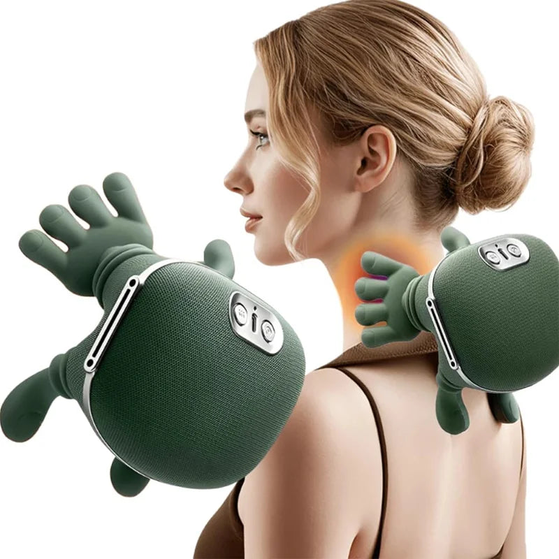Olive green handheld neck massager with hand-shaped silicone nodes, used for targeted shoulder and neck relief.