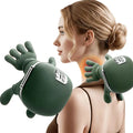 Olive green handheld neck massager with hand-shaped silicone nodes, used for targeted shoulder and neck relief.