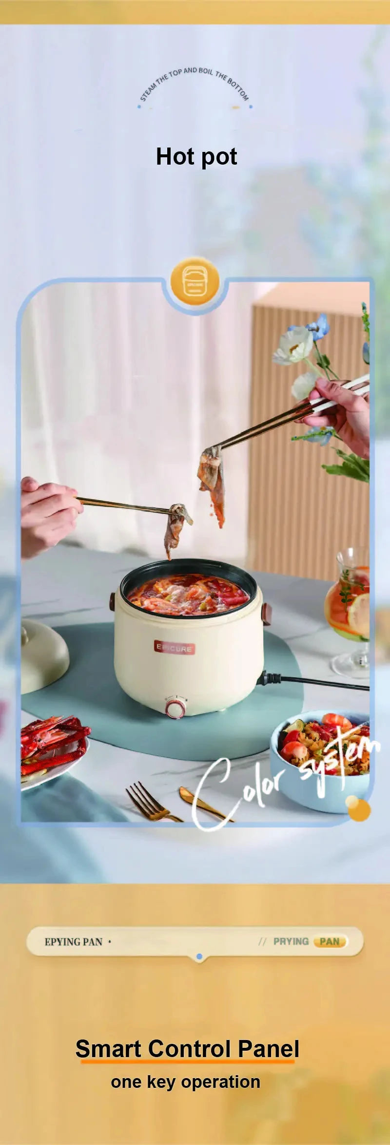 Mini electric hot pot with lid, cream body on countertop