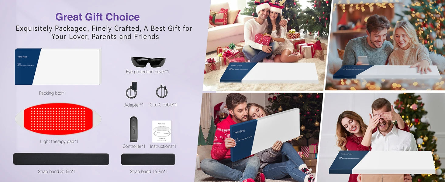 Hello Face red light therapy kit with LED pad, controller, eye protection, cables, straps, and branded packaging box.