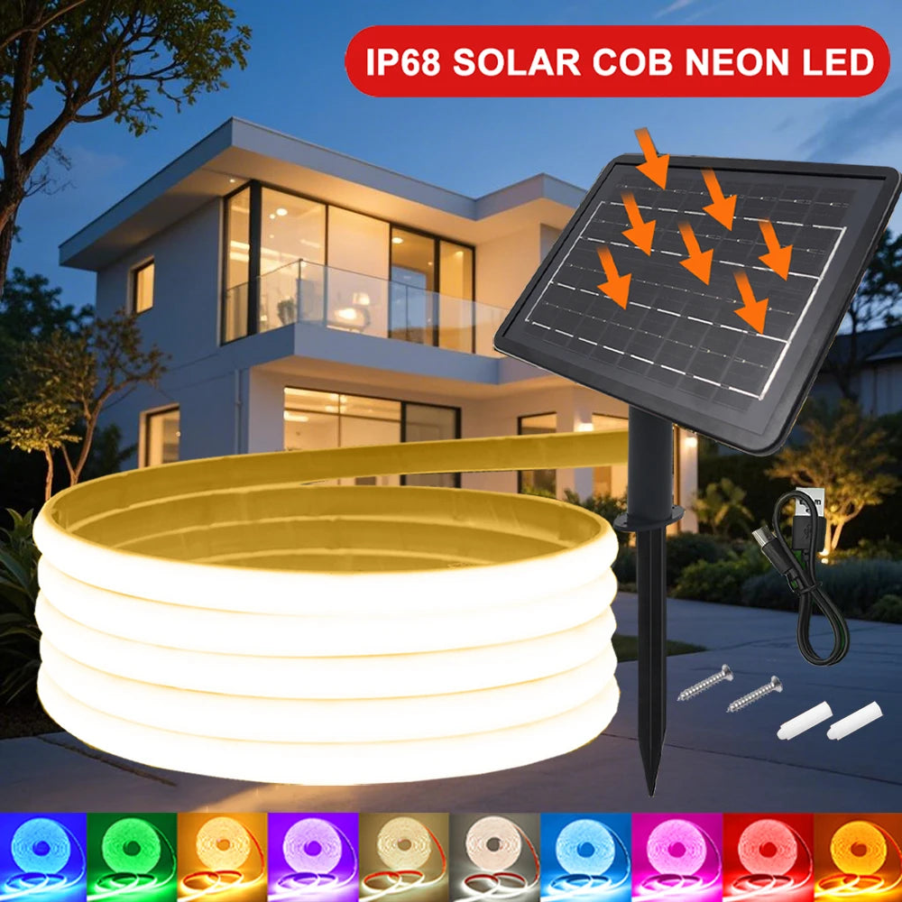 Solar Neon Light Strip 24V COB Waterproof IP68 Red Green Blue Warm Natural White 320LEDs/m Flexible High Density Linear Lighting