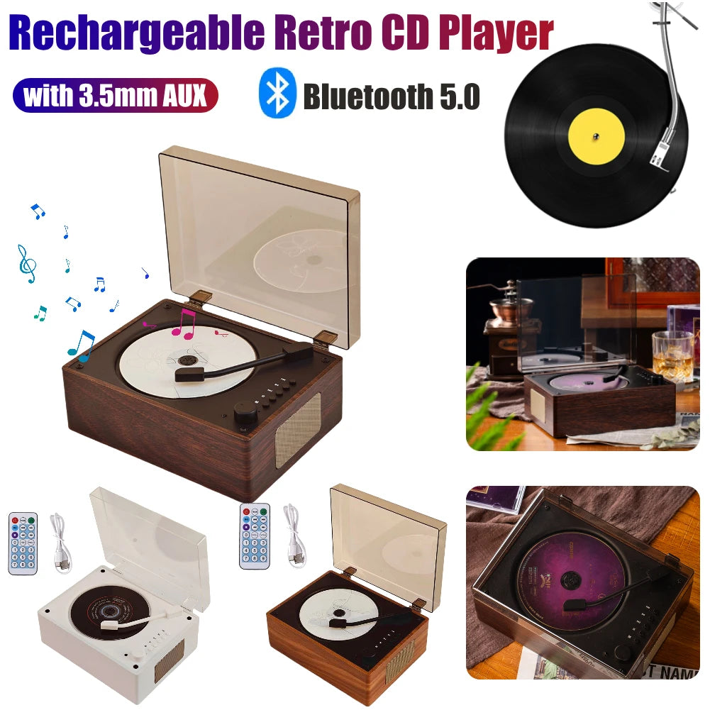 Portable Retro CD Player - Bluetooth Speaker with Woodgrain Finish Tidesmit