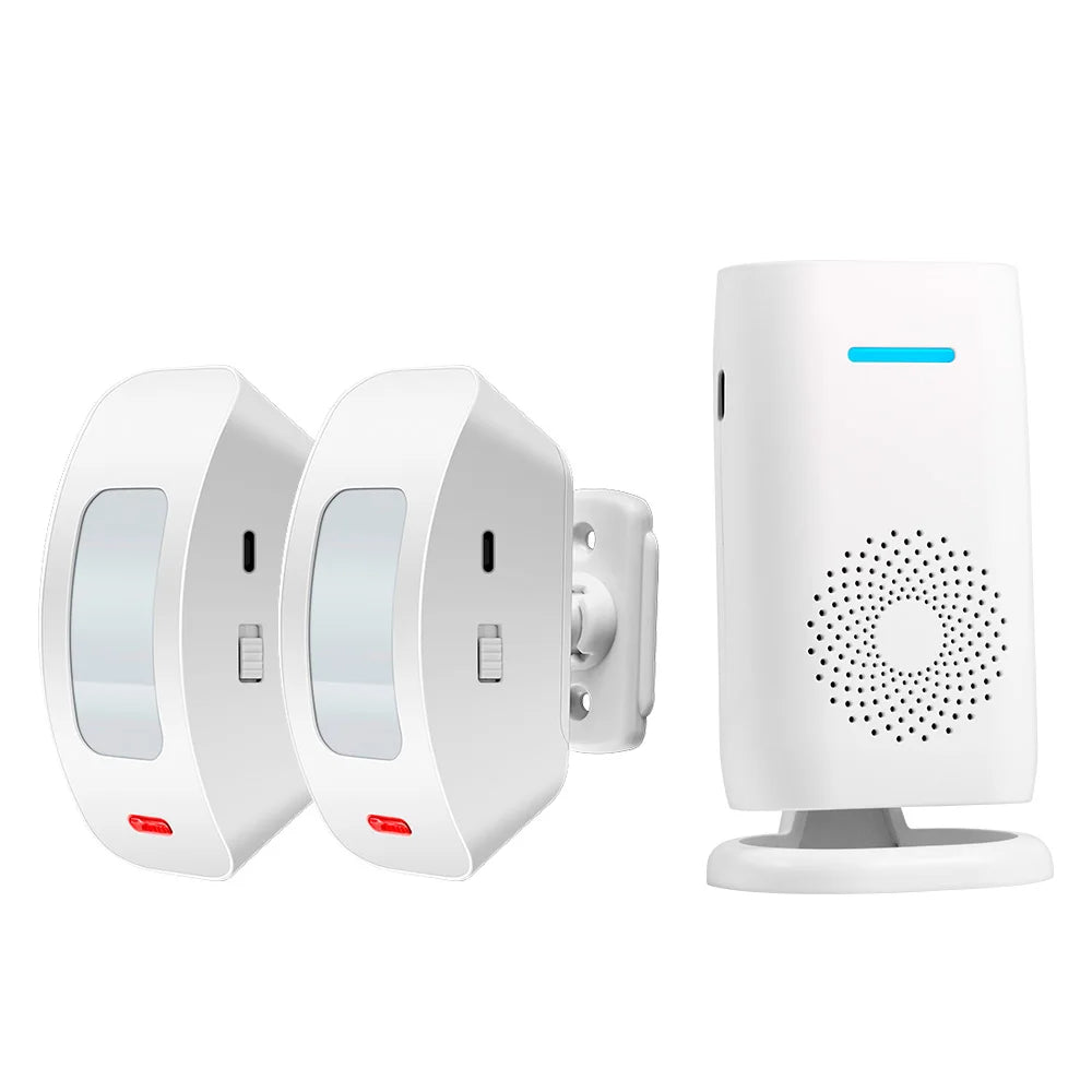 White split wireless doorbell chime set with two door sensors and indoor receiver