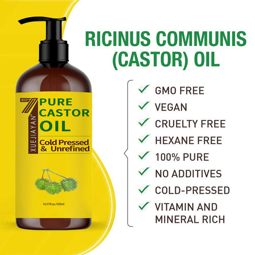Amber pump bottle of pure Castor oil for wellness. Cold-pressed aromatherapy essential oil for hair and skin care.