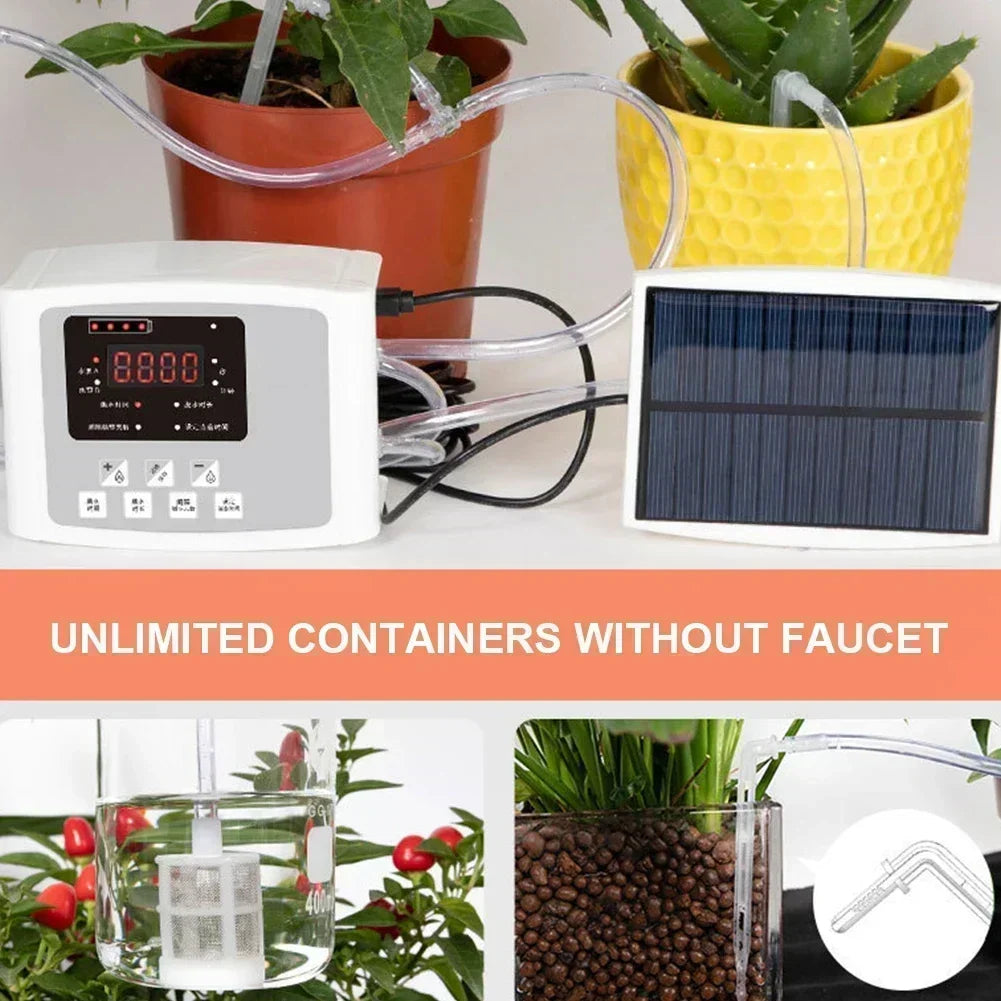 Solar Auto Drip Irrigation Kit Dual Water Pump Smart Watering Controller Outdoor Automatic Irrigation System for Yard Balcony Potted Plants & Home Flower Cultivation