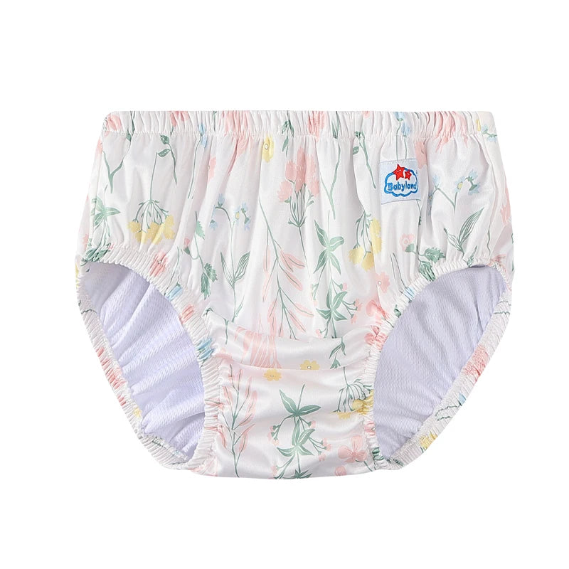 Babyland floral reusable baby training pants or cloth diaper cover with white wildflower print.