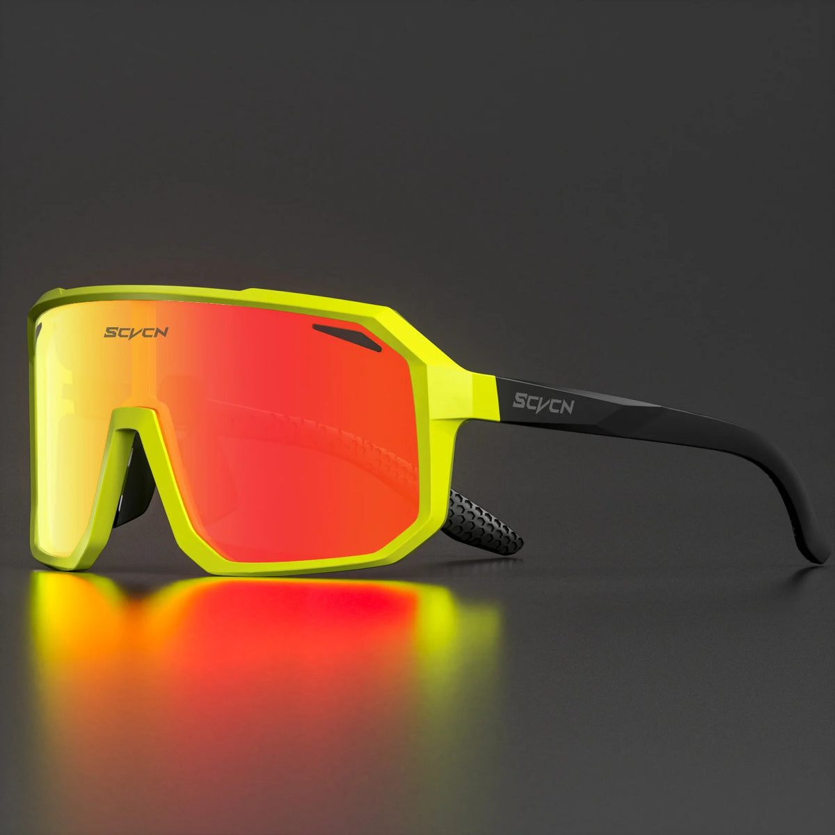 Cycling sunglasses with neon yellow frame and red mirrored sport lenses.