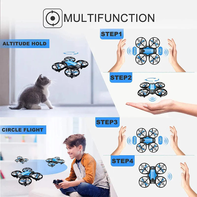 Small blue and black drone quadcopter with protective ring guards, controlled by hand gestures for interactive flight.