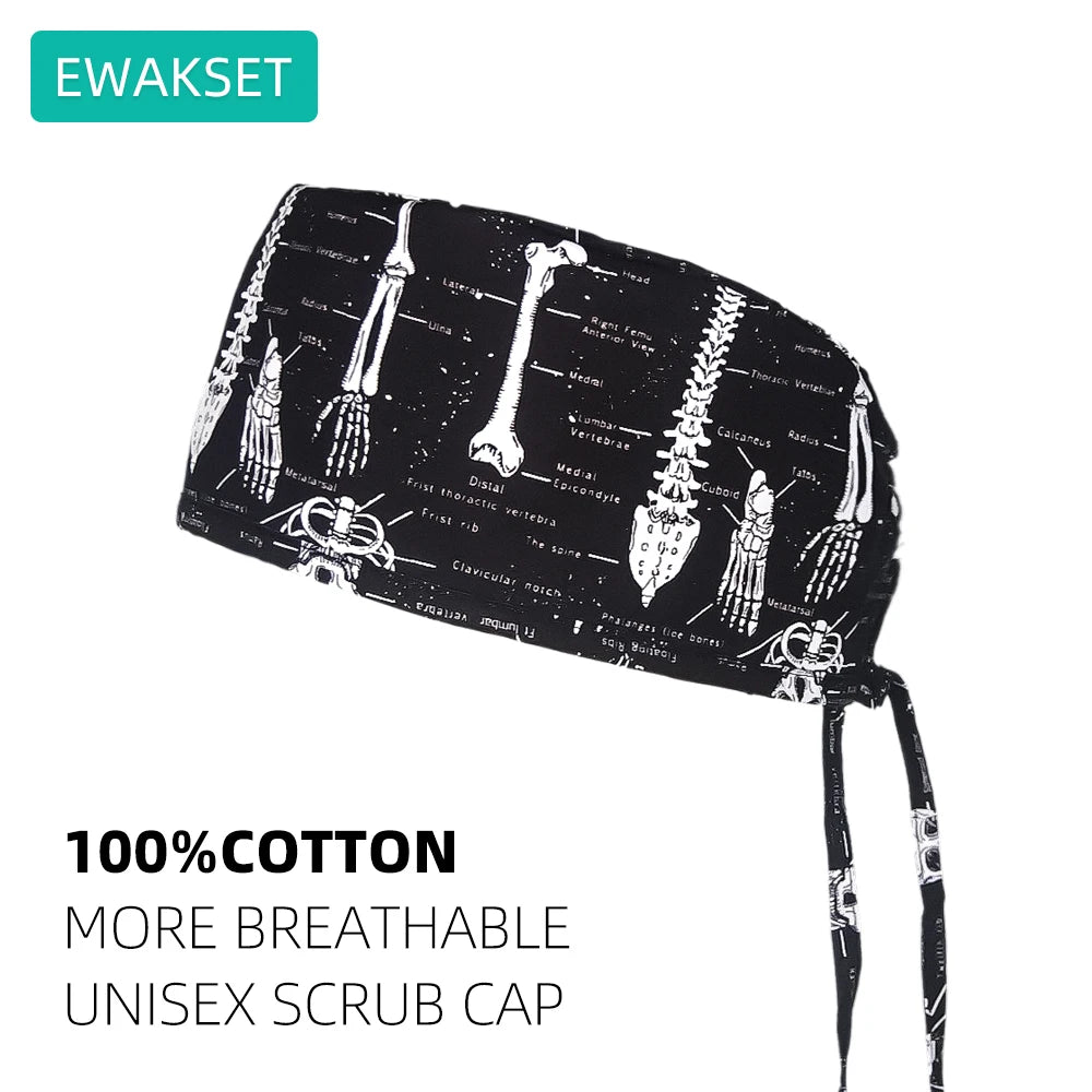 Adjustable unisex cotton scrub cap with skeleton print and sweatband for vet, medical, and dental professionals.