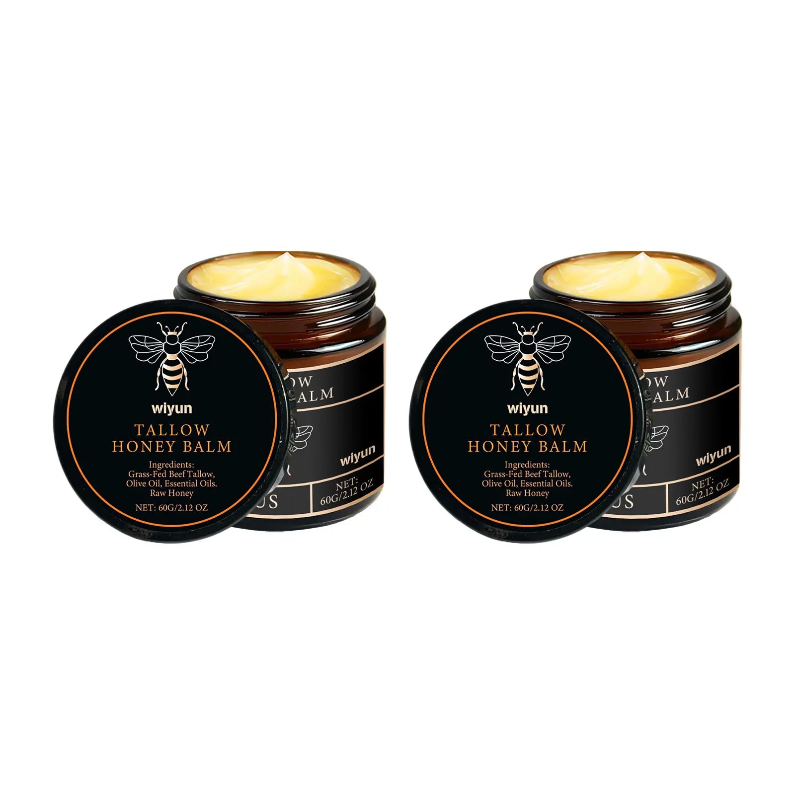 Honey tallow balm tins set, black round labels with gold text; two jars with lids ajar