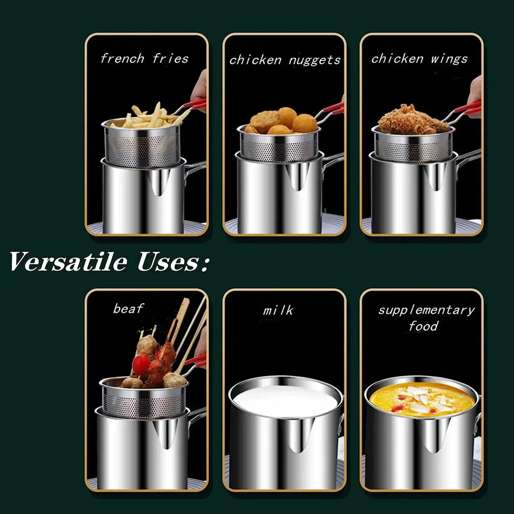 Stainless steel deep fryer with perforated basket showing multiple food uses on icons