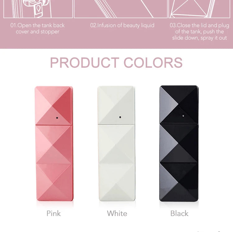 Nano facial steamer in pink, white, and black with geometric design for deep pore cleaning and hydrating face mist.