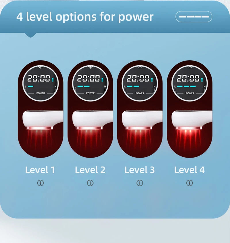 Four red-light therapy levels displayed on a digital screen with a white device head emitting varying red light