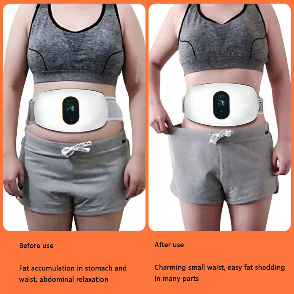 White, oval-shaped abdominal electric belt with a digital display screen, worn around the waist to tone the midsection.