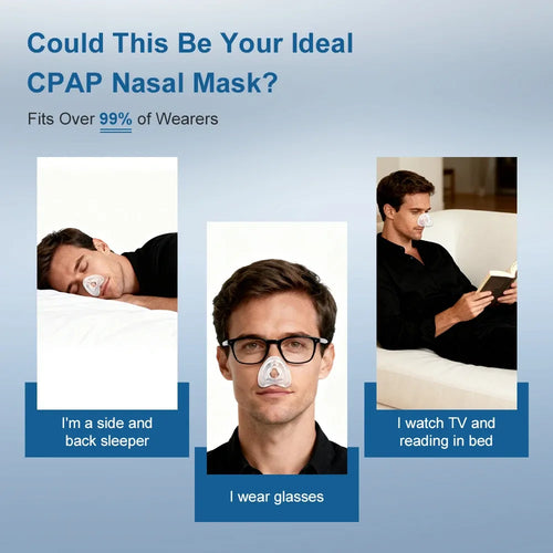 Clear CPAP nasal mask for sleep apnea. Lightweight, minimalist design comfortable for side sleepers and glasses wearers.