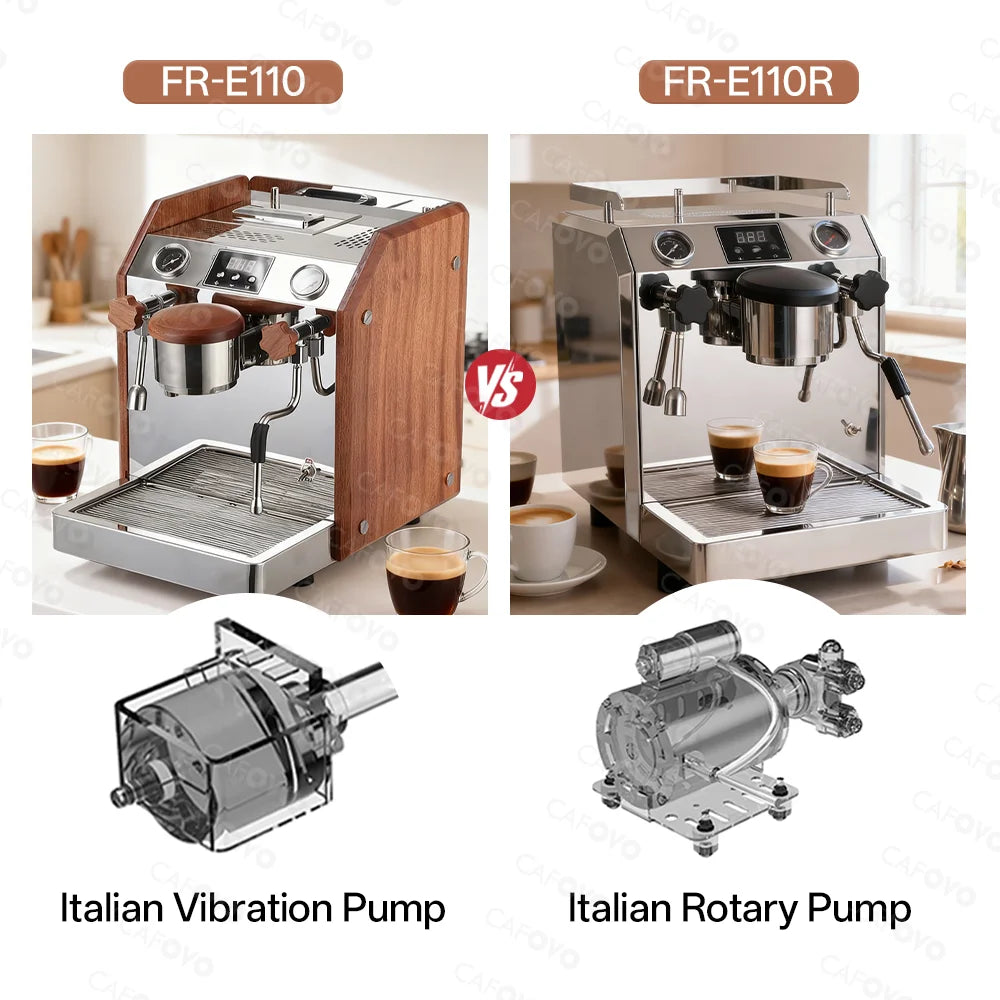 Cafovo FR-E110 wood and FR-E110R stainless steel espresso machines with vibration or rotary pump technology.