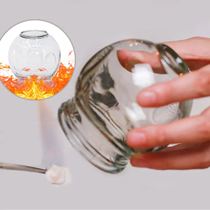 Extra thick glass fire cupping set with ignition rod for professional and home therapy on a neutral background.