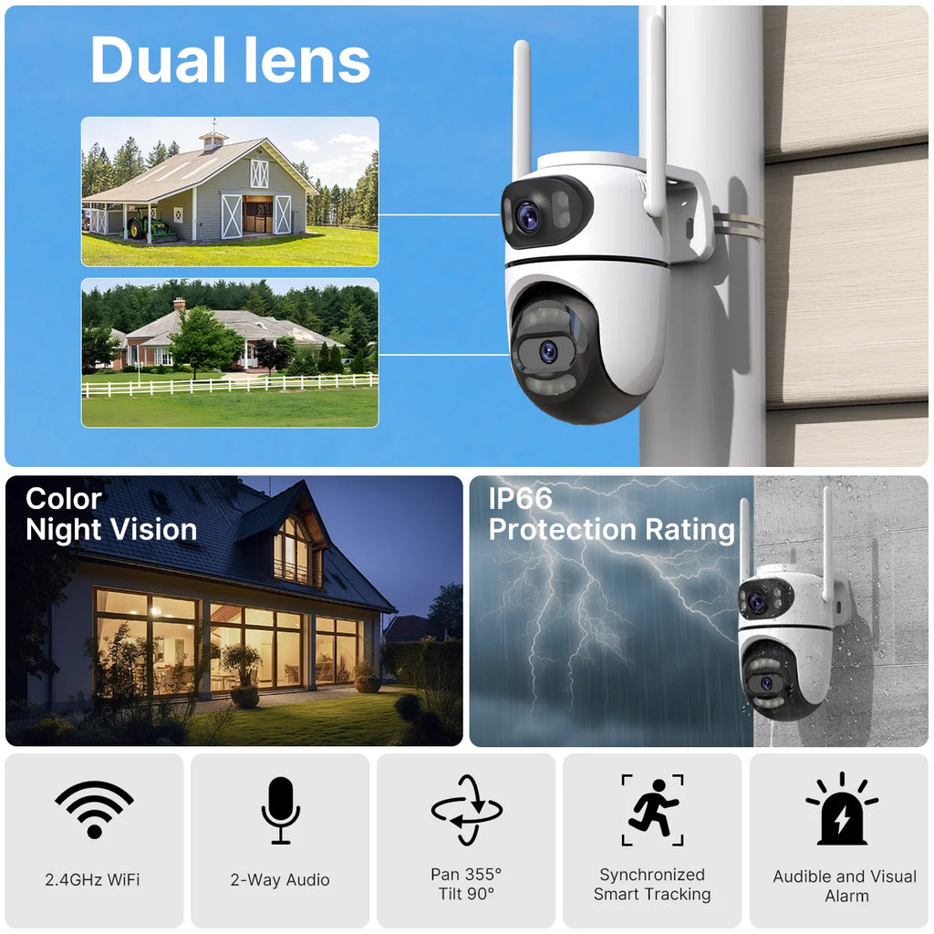 8MP 4K HD Wifi PTZ Camera iCsee APP Dual Lens Dual Screens Video Surveillance IP Camera Ai Tracking Outdoor Home Security CCTV